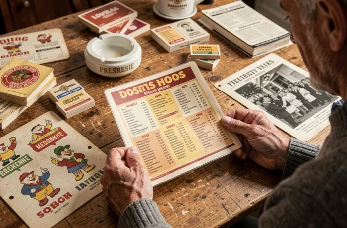 Mains d'un homme tenant un menu plastifié rétro parmi une collection de souvenirs de chaînes de restaurants français disparus, menus anciens, cartes de fidélité et photographies en noir et blanc sur une table en bois