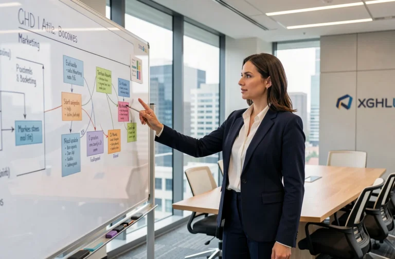 Femme d'affaires présentant une stratégie marketing sur tableau blanc dans une salle de réunion moderne