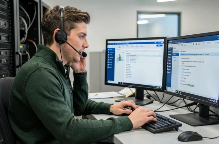 Technicien support informatique aidant à résoudre un problème de connexion sur une plateforme RH en entreprise