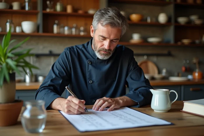 Homme en veste de chef consultant un tableau de conversion litres en centilitres à une table en bois rustique avec un pichet en céramique et un livre de recettes ouvert