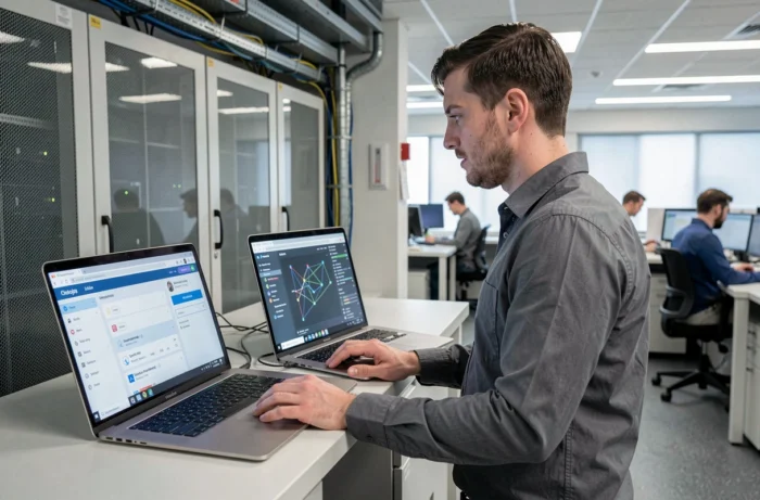 Technicien informatique médical comparant deux plateformes de santé numérique sur des ordinateurs portables dans un service informatique hospitalier moderne