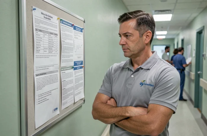 Technicien de santé en couloir médical lisant une affiche d'information sur ses droits liés à la convention Fehap et la prime technicité