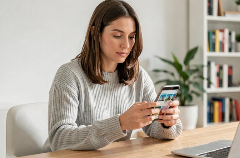 Femme téléchargeant l'application MySwissLife sur un smartphone Android depuis un bureau à domicile