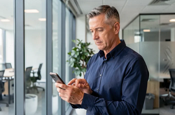 Homme d'affaires téléchargeant l'application MySwissLife sur iPhone dans un bureau moderne