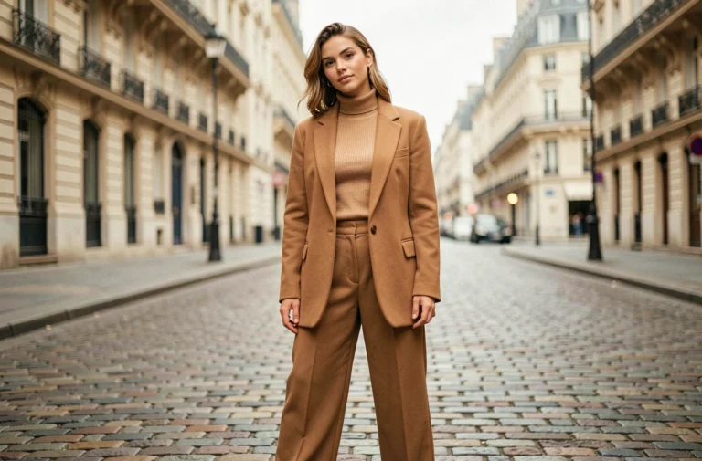 Femme élégante portant un blazer oversize camel et un pantalon large dans une rue pavée parisienne, style mode tendance automne