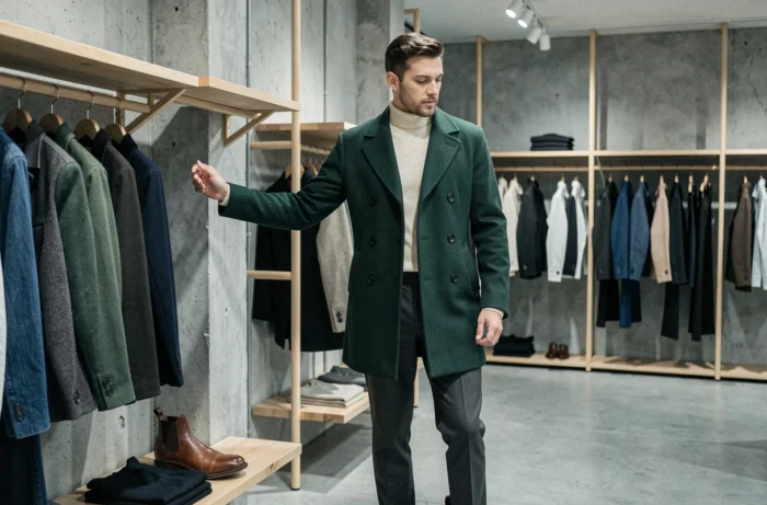Homme stylé en manteau vert double boutonnage dans un concept store minimaliste, tendances mode masculine automne-hiver