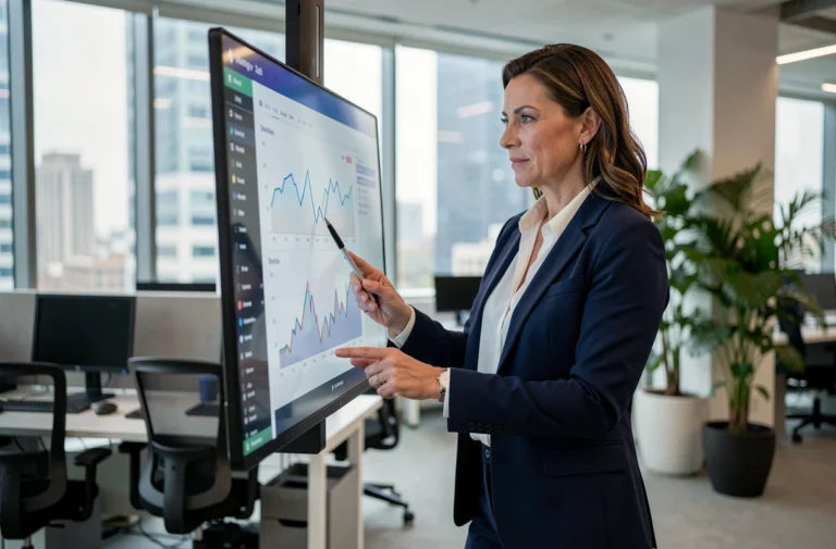 Femme d'affaires analysant des tendances business sur un écran interactif dans un bureau moderne en 2024