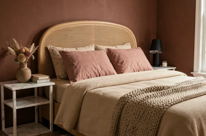 Chambre à coucher avec tête de lit en rotin, mur terracotta et linge de lit en lin illustrant les dernières tendances décoration intérieure