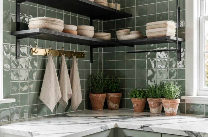 Coin cuisine tendance avec étagères en acier, carreaux zellige vert sauge et vaisselle en grès artisanal pour une déco intérieure actuelle