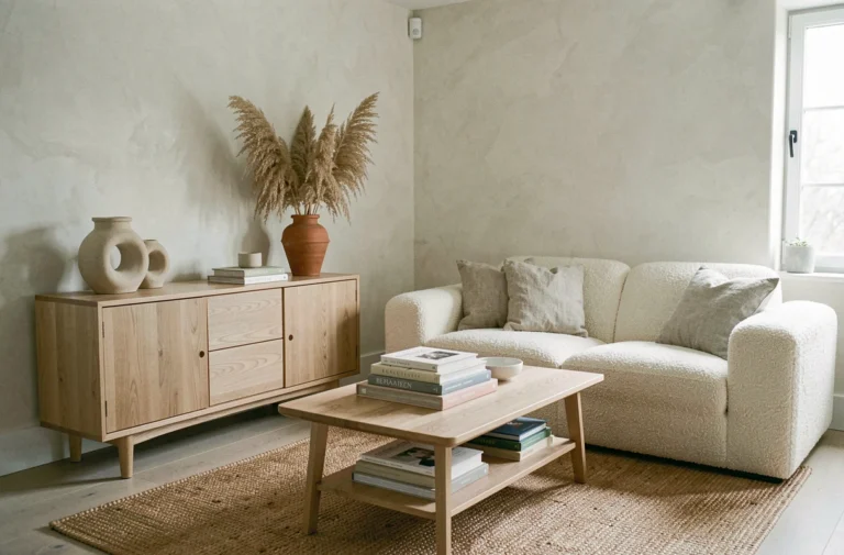 Salon scandinave moderne avec vases en céramique, canapé en bouclé ivoire et tapis en jute illustrant les tendances déco actuelles