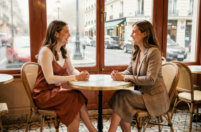 Deux femmes élégamment habillées aux tendances mode de saison assises dans un café parisien, looks automne robe satin et co-ord écossais