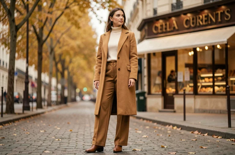 Femme élégante portant un manteau camel oversize et un pantalon large dans une rue pavée parisienne en automne, tendances mode saison