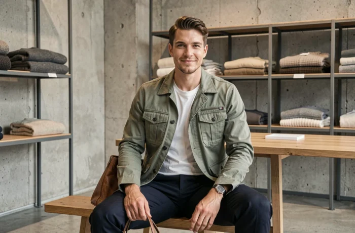 Homme en veste utilitaire vert sauge assis dans un concept store minimaliste scandinave, collection mode automne-hiver tendances actuelles
