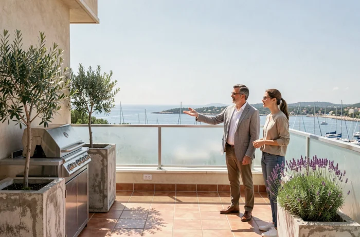 Terrasse en toiture d'un appartement côtier avec vue panoramique sur le port et agent immobilier présentant le bien