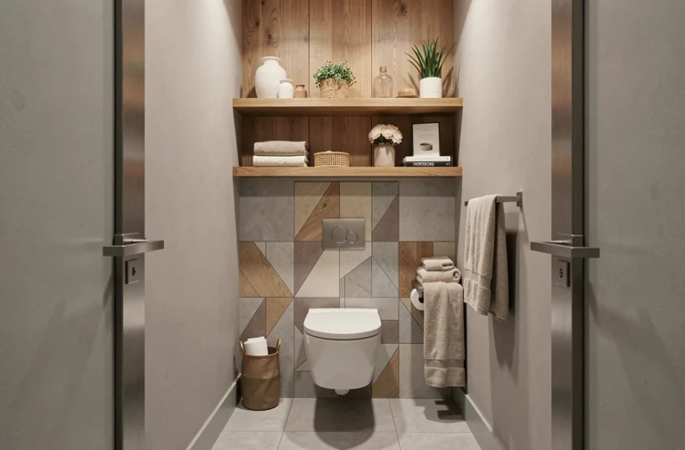 Vue d'ensemble d'unes salle de bain tendance avec toilettes suspendues, coffrage en bois, carrelage géométrique et déco soignée