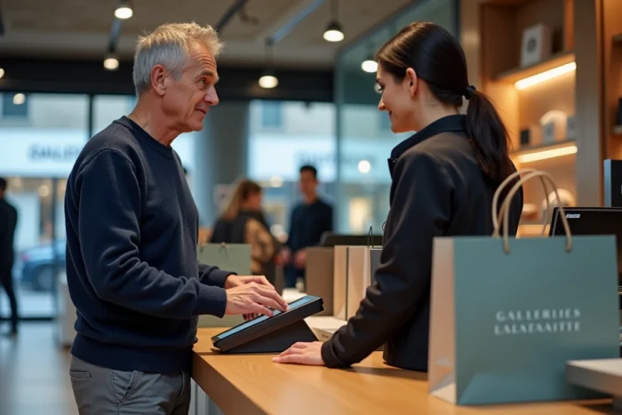 Homme utilisant une carte cadeau Galeries Lafayette à la caisse d'un grand magasin