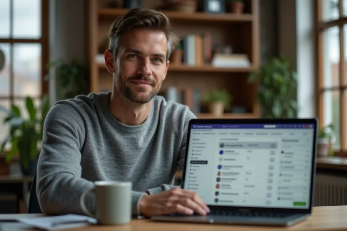 Homme vérifiant la liste des participants et les connexions lors d'une réunion Microsoft Teams depuis son bureau à domicile