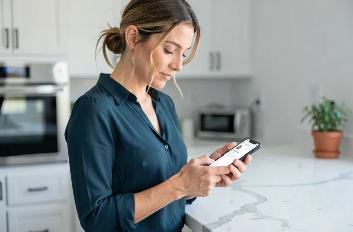 Femme vérifiant ses invitations Instagram sur son téléphone dans une cuisine minimaliste