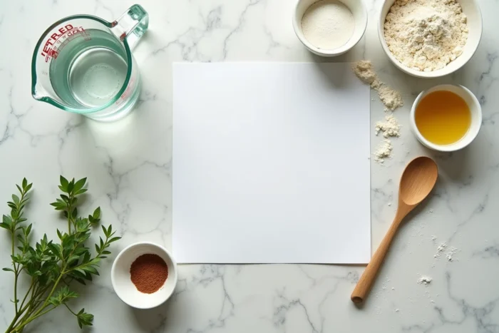 Vue de dessus d'un verre doseur indiquant 25 cl entouré d'ingrédients et d'une fiche recette sur un plan de travail en marbre