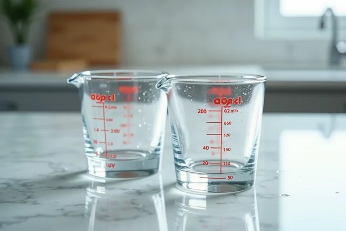 Gros plan de deux verres doseurs en verre gradués en litres et centilitres posés sur un plan de travail en marbre avec une fiche recette manuscrite en arrière-plan