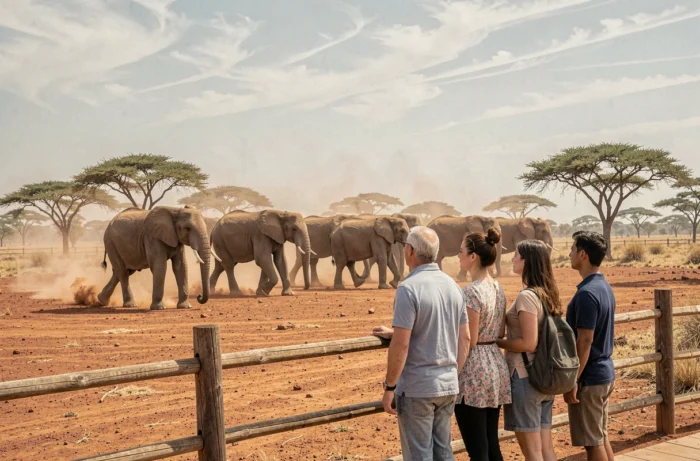 Un groupe de visiteurs observant un troupeau d'éléphants africains dans un parc safari en plein air, avec un paysage de savane aride en arrière-plan