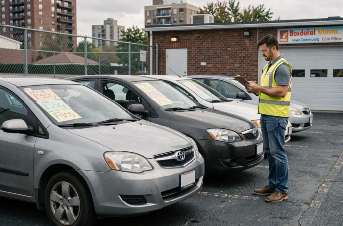Rangée de voitures d'occasion à petits prix dans le parking d'un garage solidaire avec affichage des tarifs