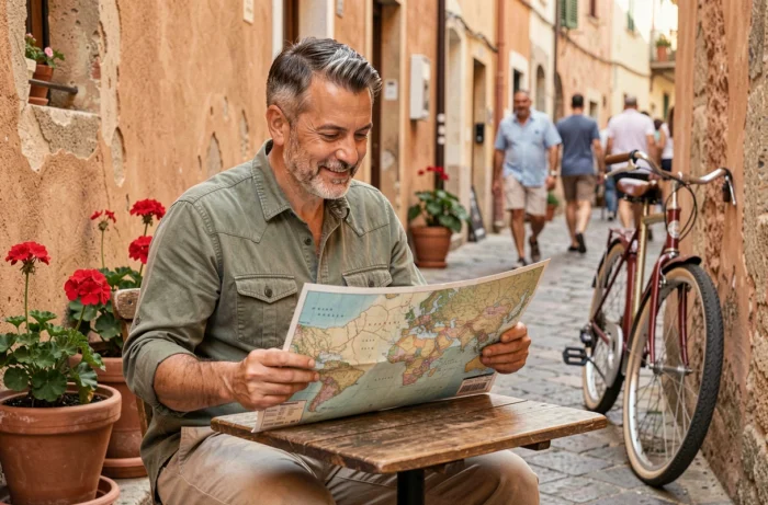 Voyageur consultant une carte papier dans un café de village méditerranéen aux murs ocre et aux pavés anciens