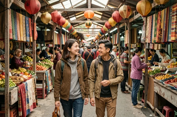 Deux voyageurs explorant un marché de rue animé en Asie, entourés d'étals colorés et de lanternes en papier