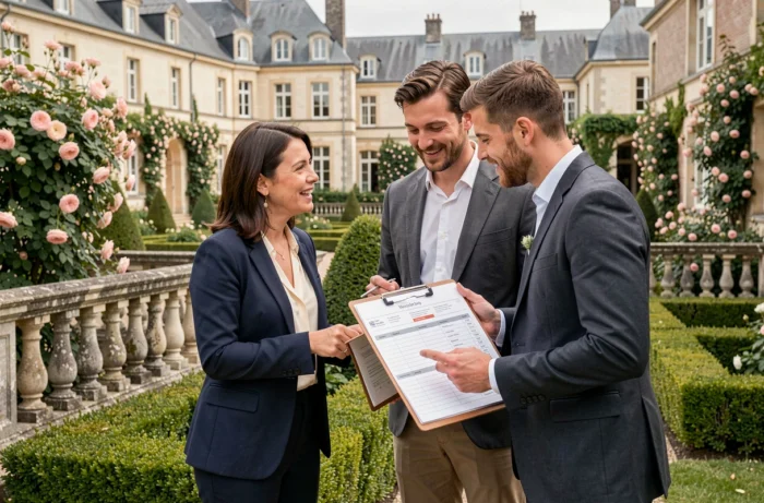Wedding planner discutant avec un couple de futurs mariés dans un jardin de château français