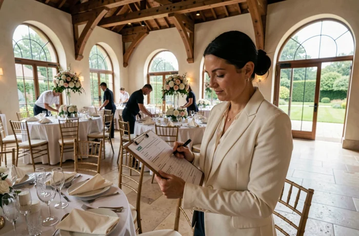 Wedding planner professionnelle vérifiant une liste de contrôle dans une salle de réception élégante décorée pour un mariage